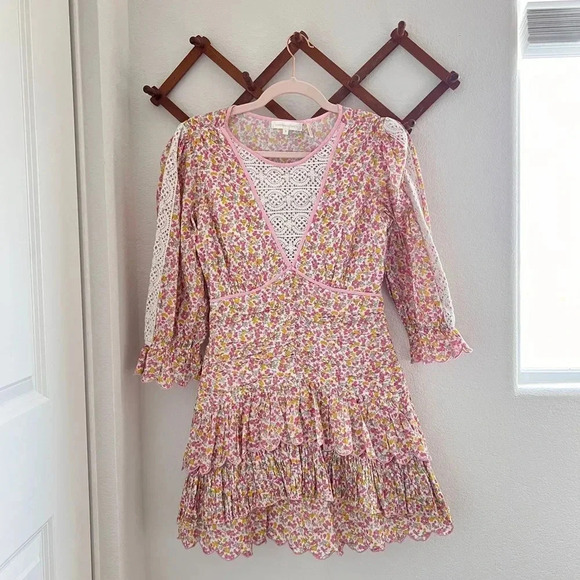 LoveShackFancy Pink Marquise Floral‎ Boho Mini Dress sz 4 - Picture 3 of 9